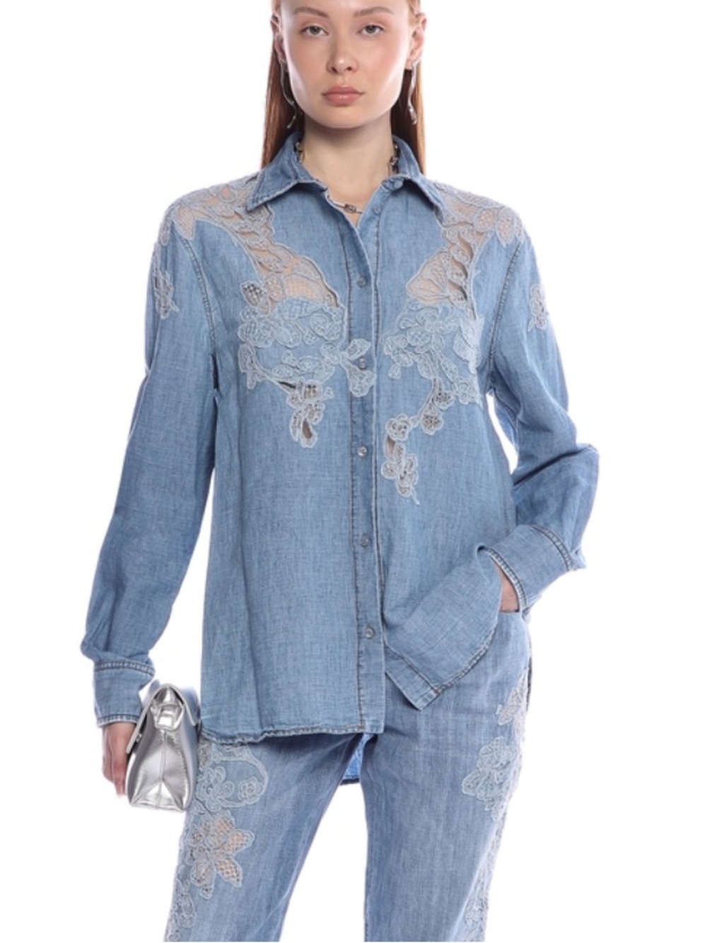 Ermanno Scervino Italy Floral Appliqué Denim Button Down Shirt size Small $1495